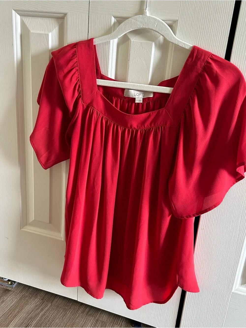LOFT Orange/Red Square-Neck Puff Sleeve Top